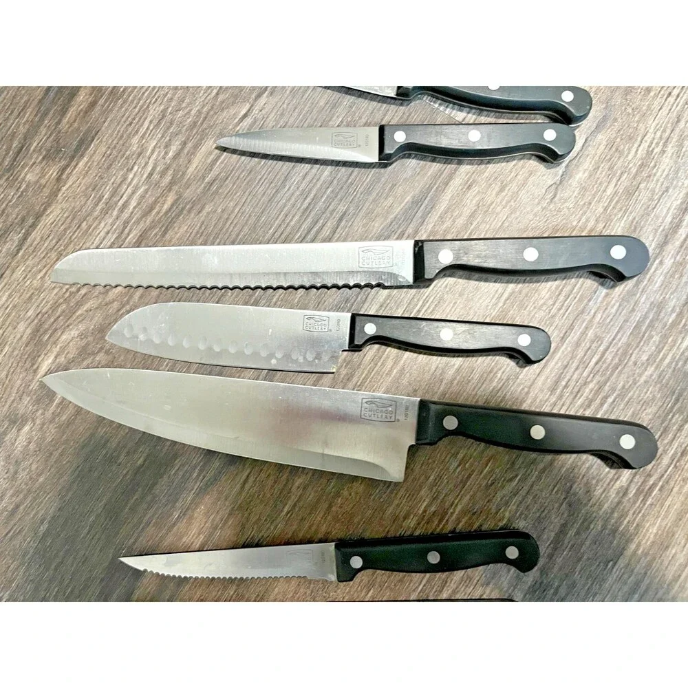 Chicago Cutlery Steak Knife Lot Of 9  USA Black Handle Serrated Sharp Very Nice